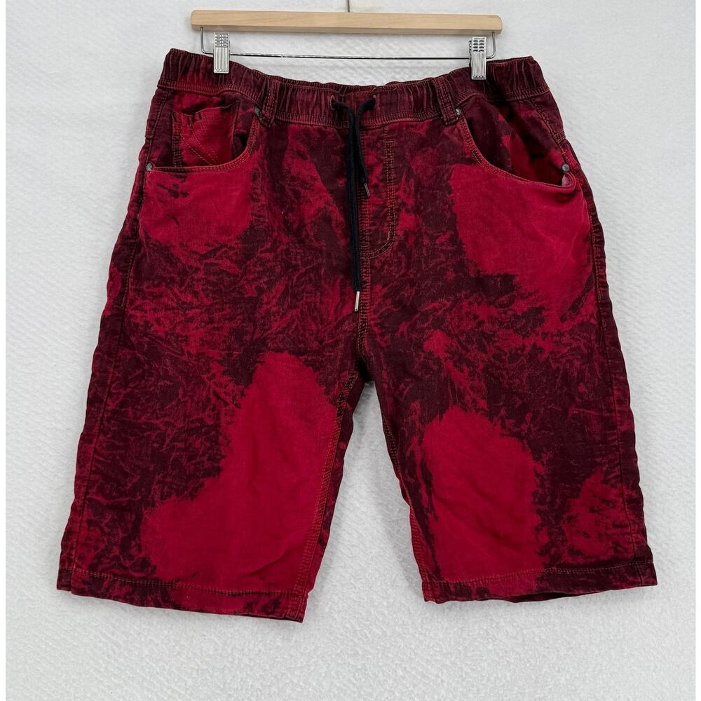 Makobi MK Mens Red Black Tie Dye Cotton Blend Denim Jean Shorts Sz XL